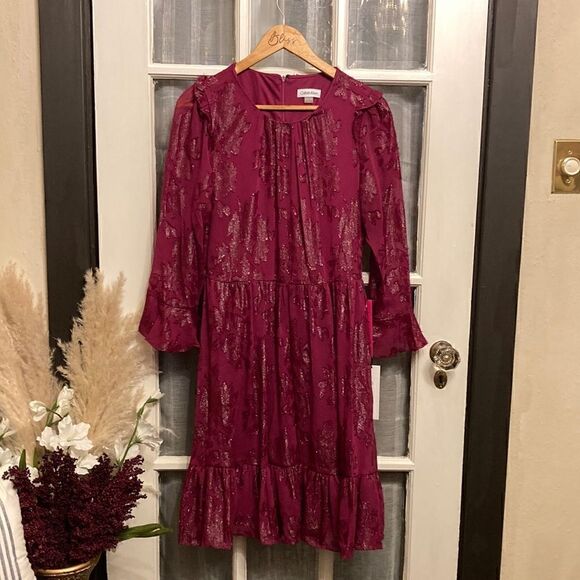 Calvin Klein Dresses & Skirts - NWT Calvin Klein Burgundy and Silver Metallic Floral Dress